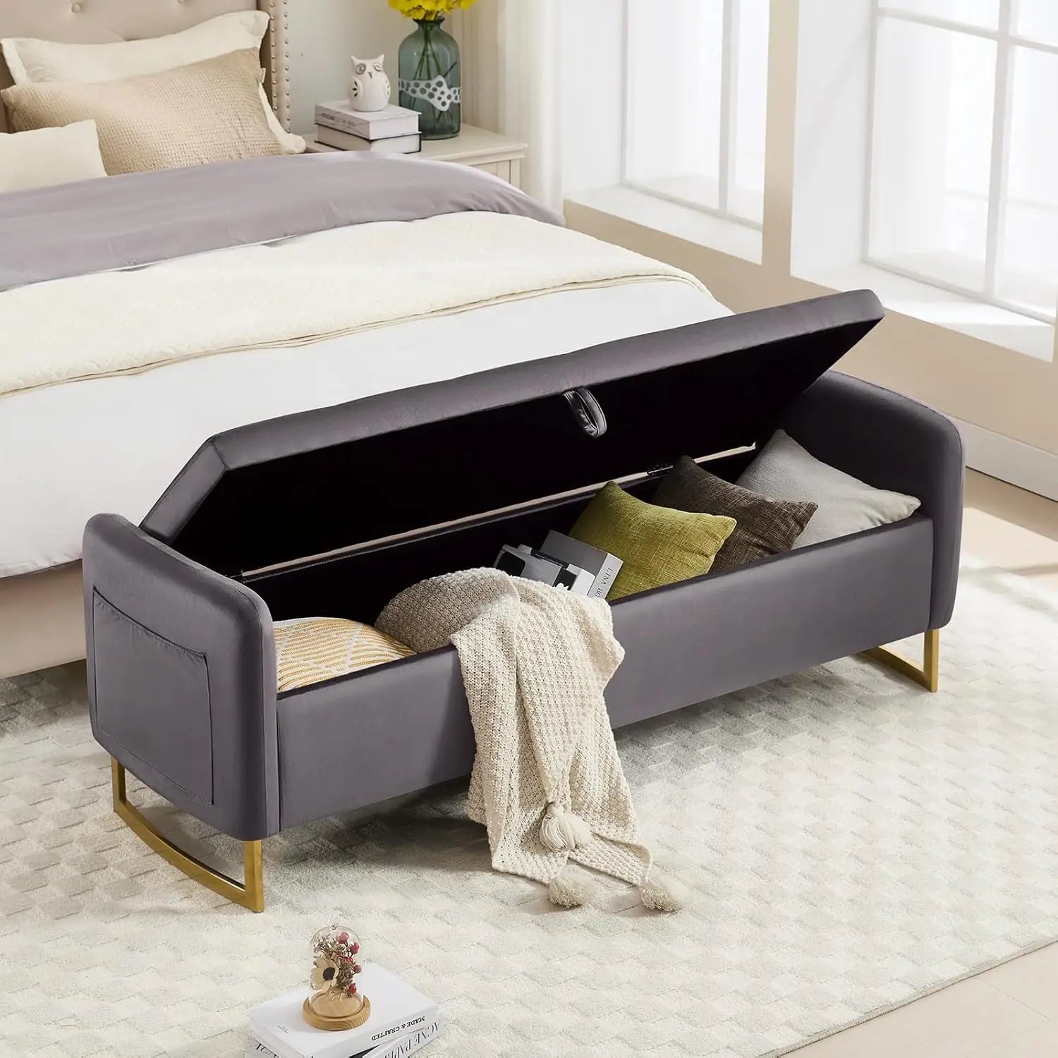65" Velvet Storage Ottoman Bench, Tufted Upholstered