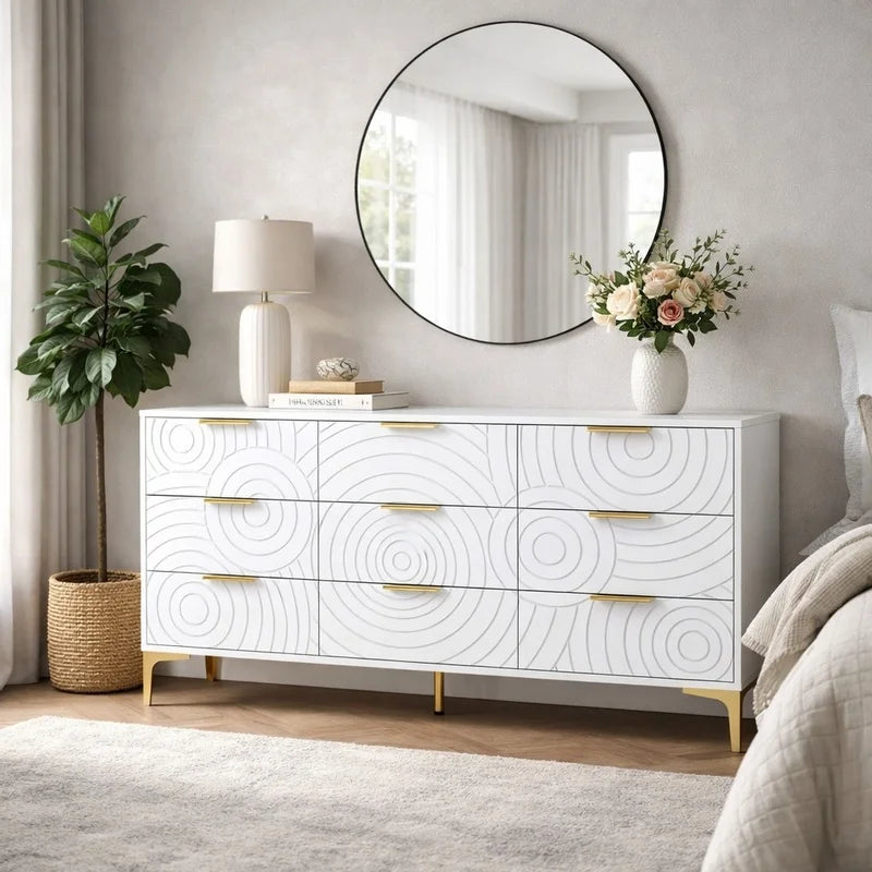 Modern White 9-Drawer Dresser, Metal Handles, Large Storage Chest
