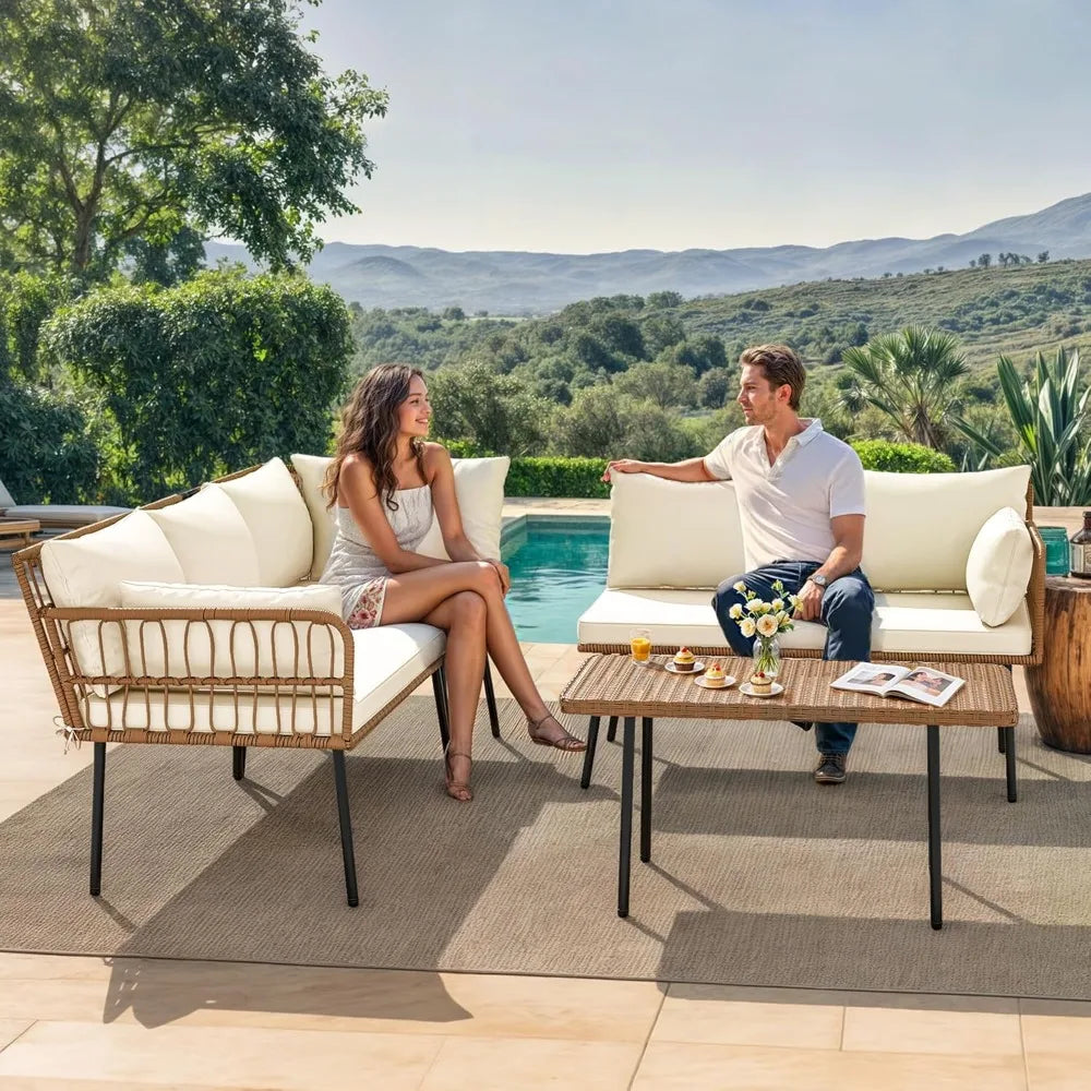 4-Piece Wicker Sectional, All Weather, Cushions, Side Table