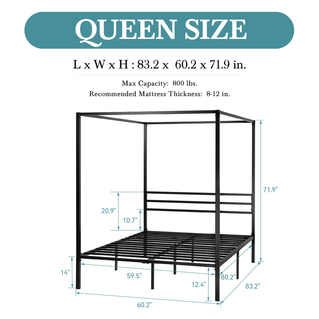 Canopy Bed Frame Enhanced 4-Poster 3-Metal Crossbar, No Box Spring Needed