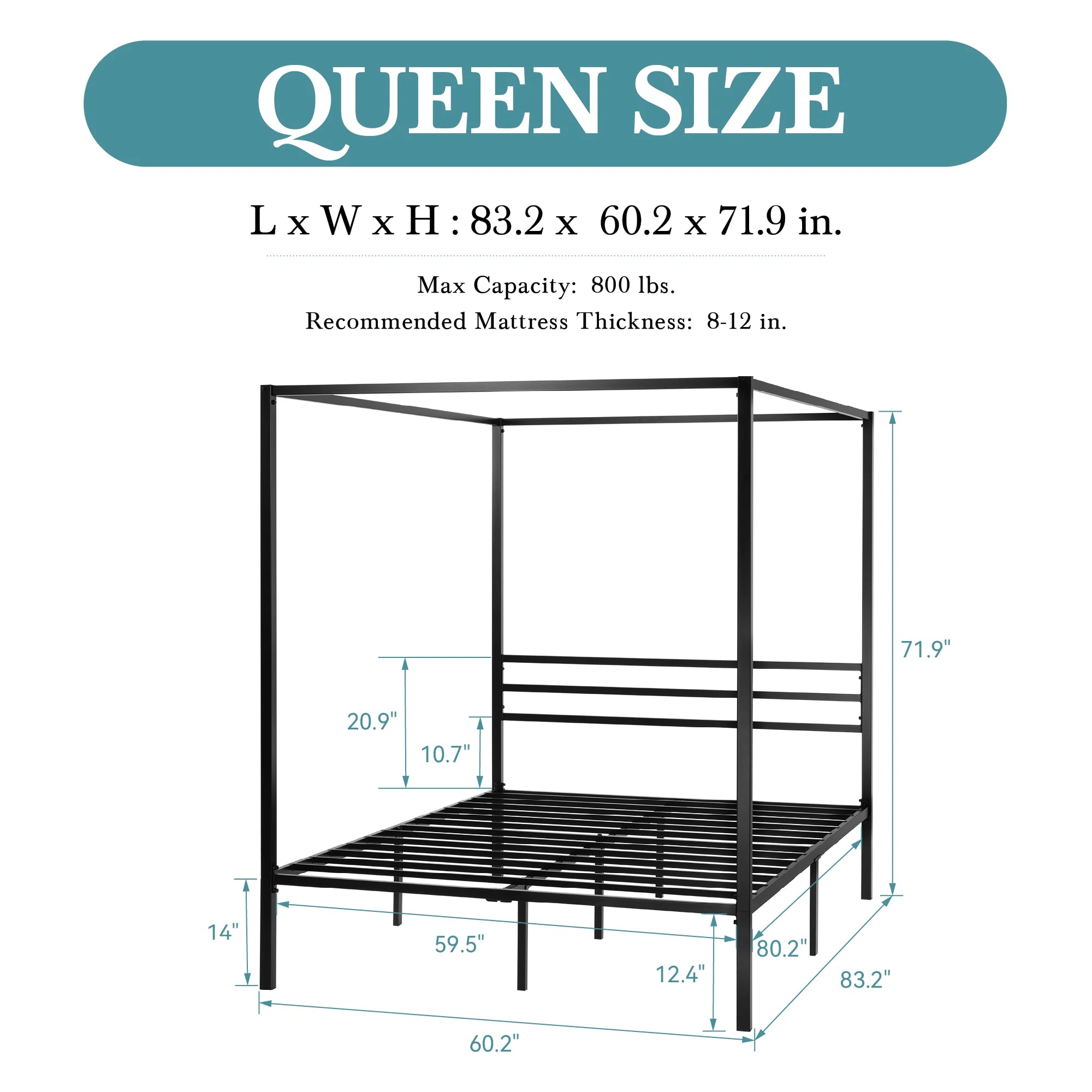 Canopy Bed Frame Enhanced 4-Poster 3-Metal Crossbar, No Box Spring Needed