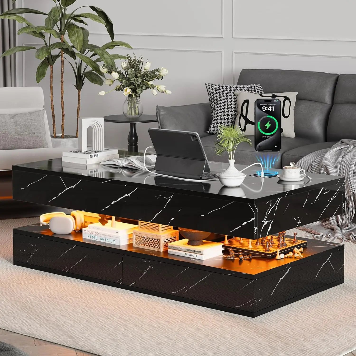 47" LED Coffee Table Lift Top Hidden Storage High Gloss