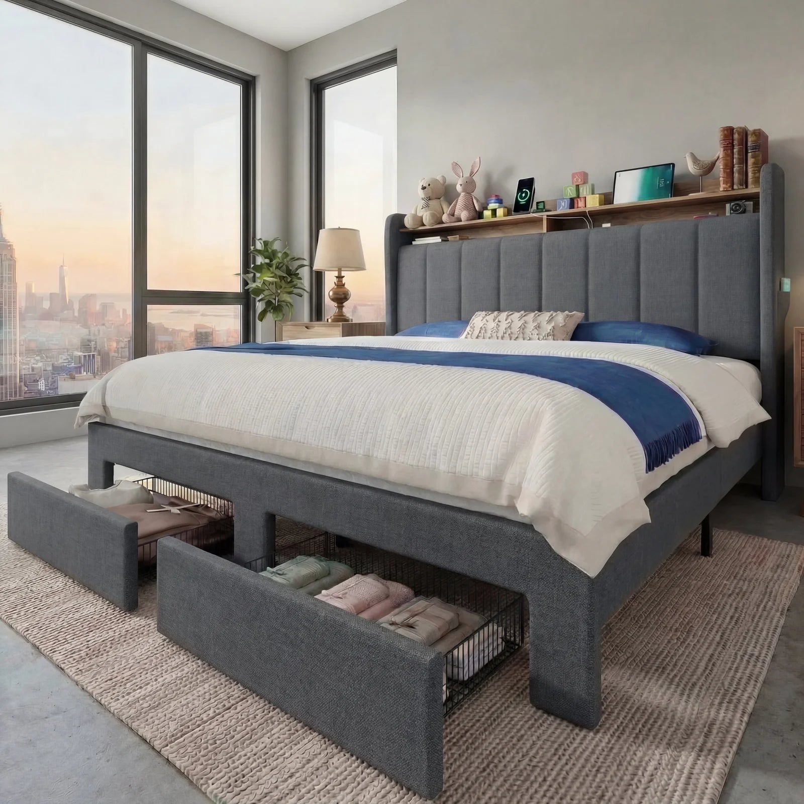 Full/Queen/King Bed Frame, 2-Drawer/2-Tier Shelves LED Lights, Charging Station, No Box Spring