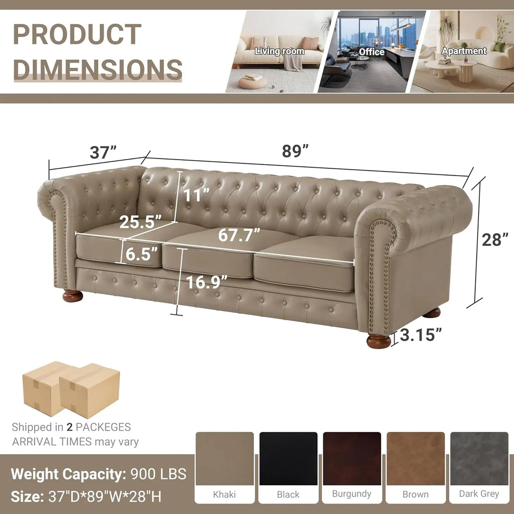 89" Leather Sofa Low Back Roll Arm Nail Head Trim 3-Seat