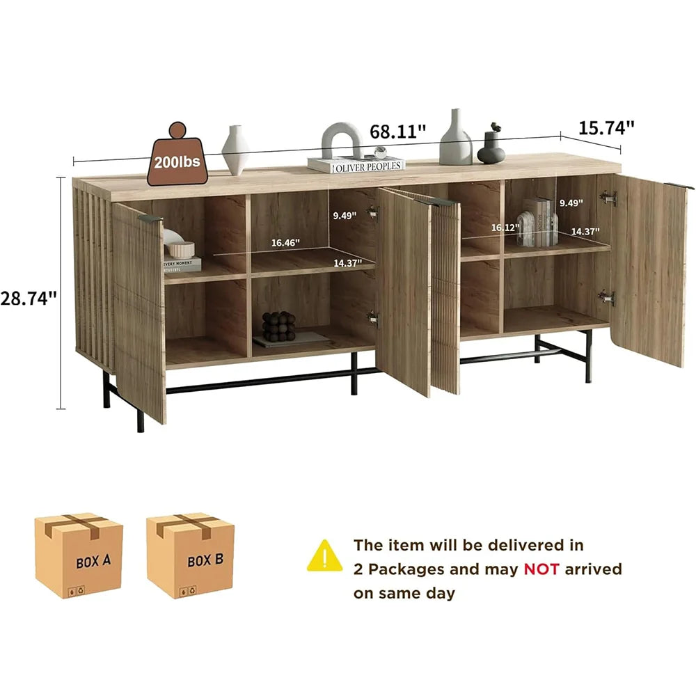 68in Mid-Century Fluted Entertainment Center for 55-75in TV, Storage Cabinet