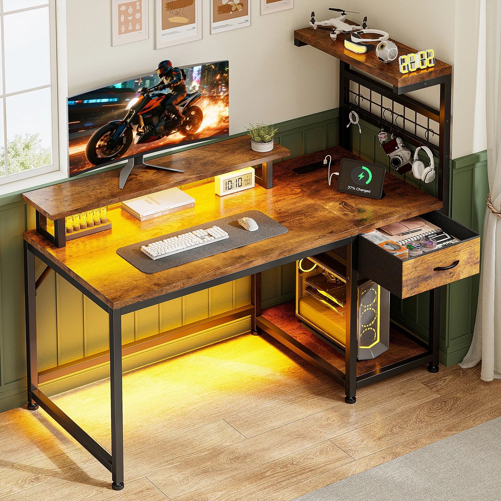 40" Computer Desk, Outlets, RGB LED Lights, Drawer, CPU Shelf