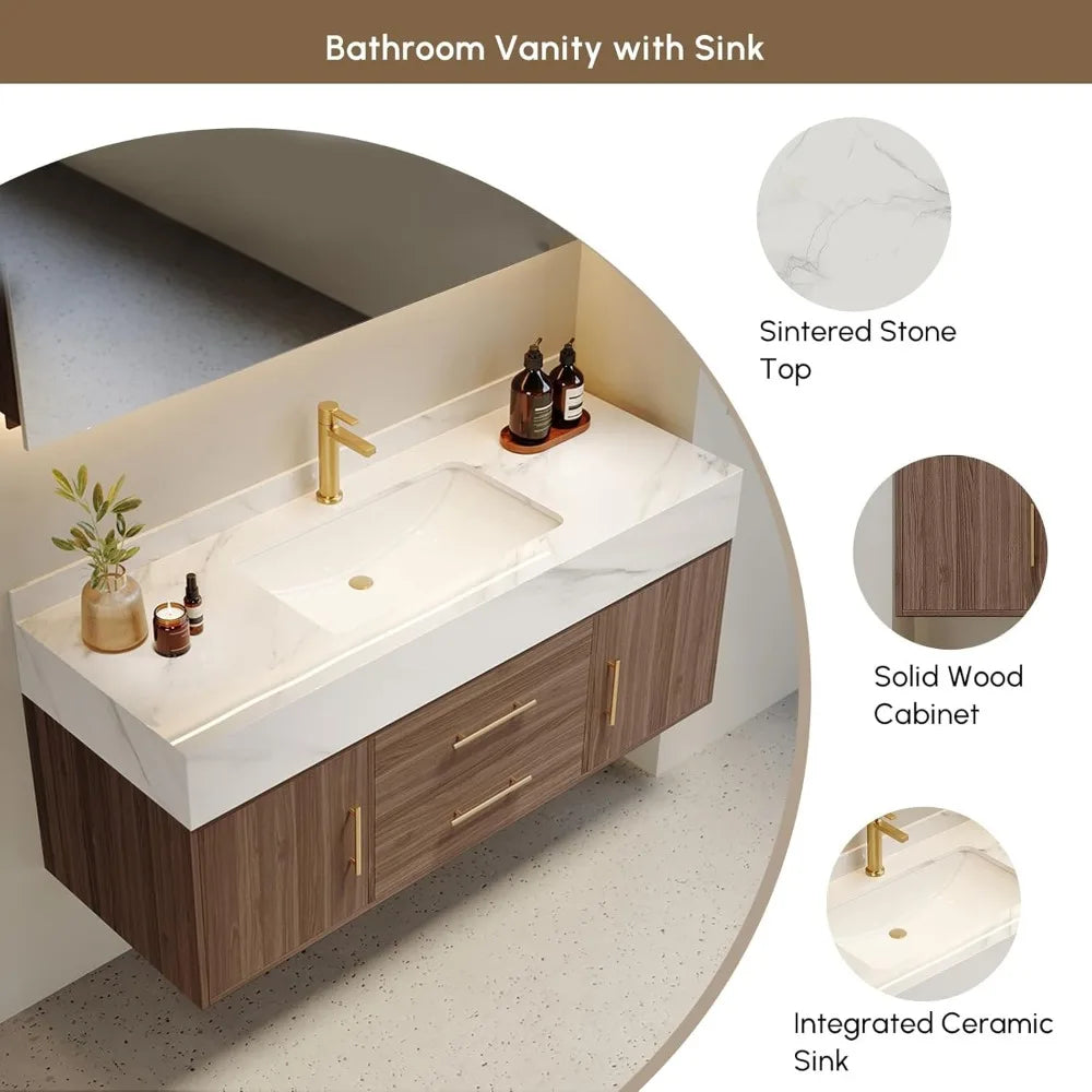 Floating Vanity, Sintered Stone Sink, 2 Drawers, 2 Walnut Doors