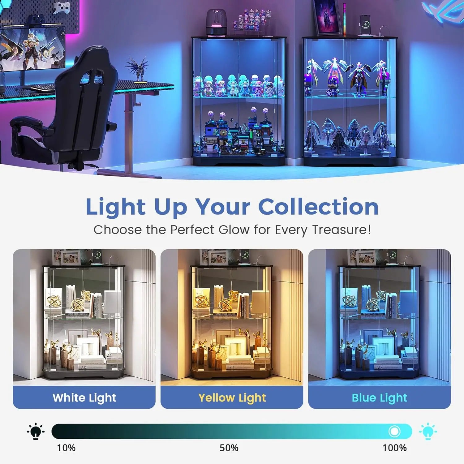2-Tier Corner Display Cabinet Glass Doors, 3-Color LED Lights Charging Station