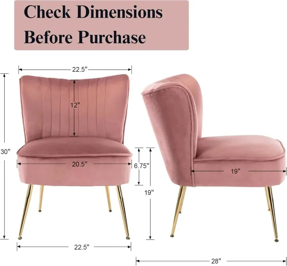 Velvet Accent Chairs Set of 2, Pink Armless Slipper Chairs, Golden Legs