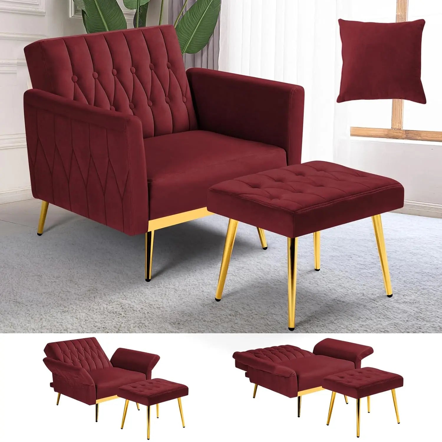 Velvet Recliner Chair Adjustable Armrests and Backrest, Button Tufted Chair