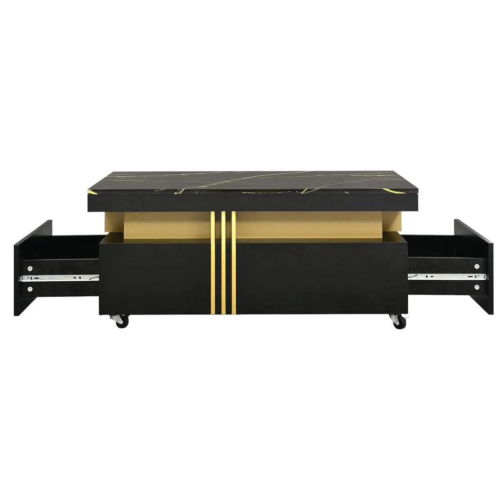 Coffee Table, Faux Marble Top, Rectangular with Caster Wheels.