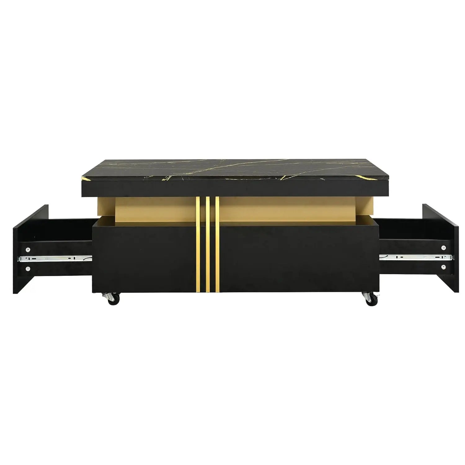 Coffee Table, Faux Marble Top, Rectangular with Caster Wheels.
