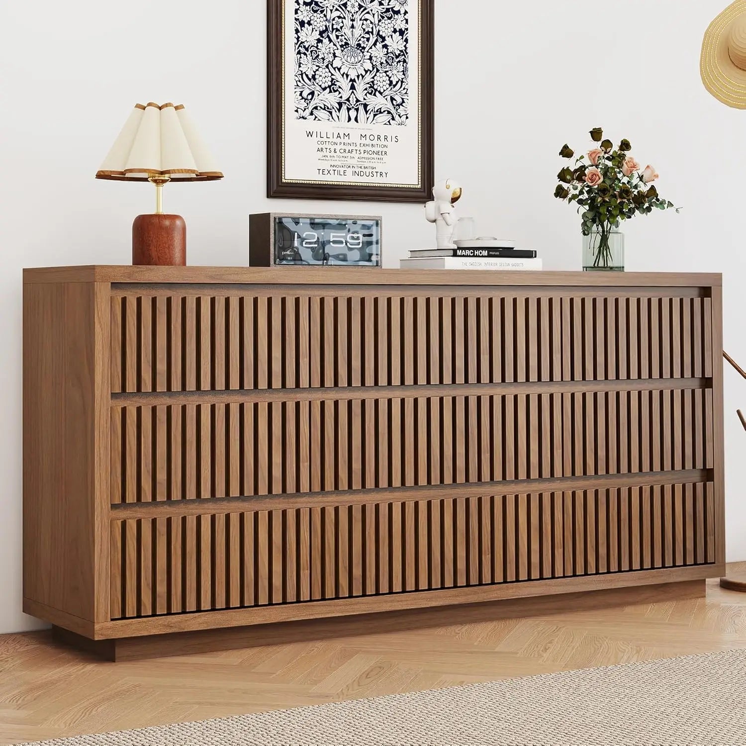 Fluted 9-Drawer Dresser, 58" Wide Vintage Chest of Drawers