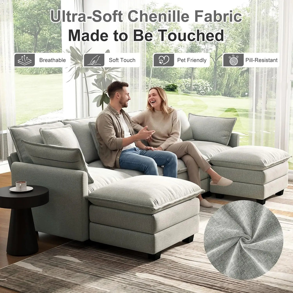 107IN U-Shaped Modular Sectional, Deep 4 Seater, 6 Washable Pillows, 2 Ottoman
