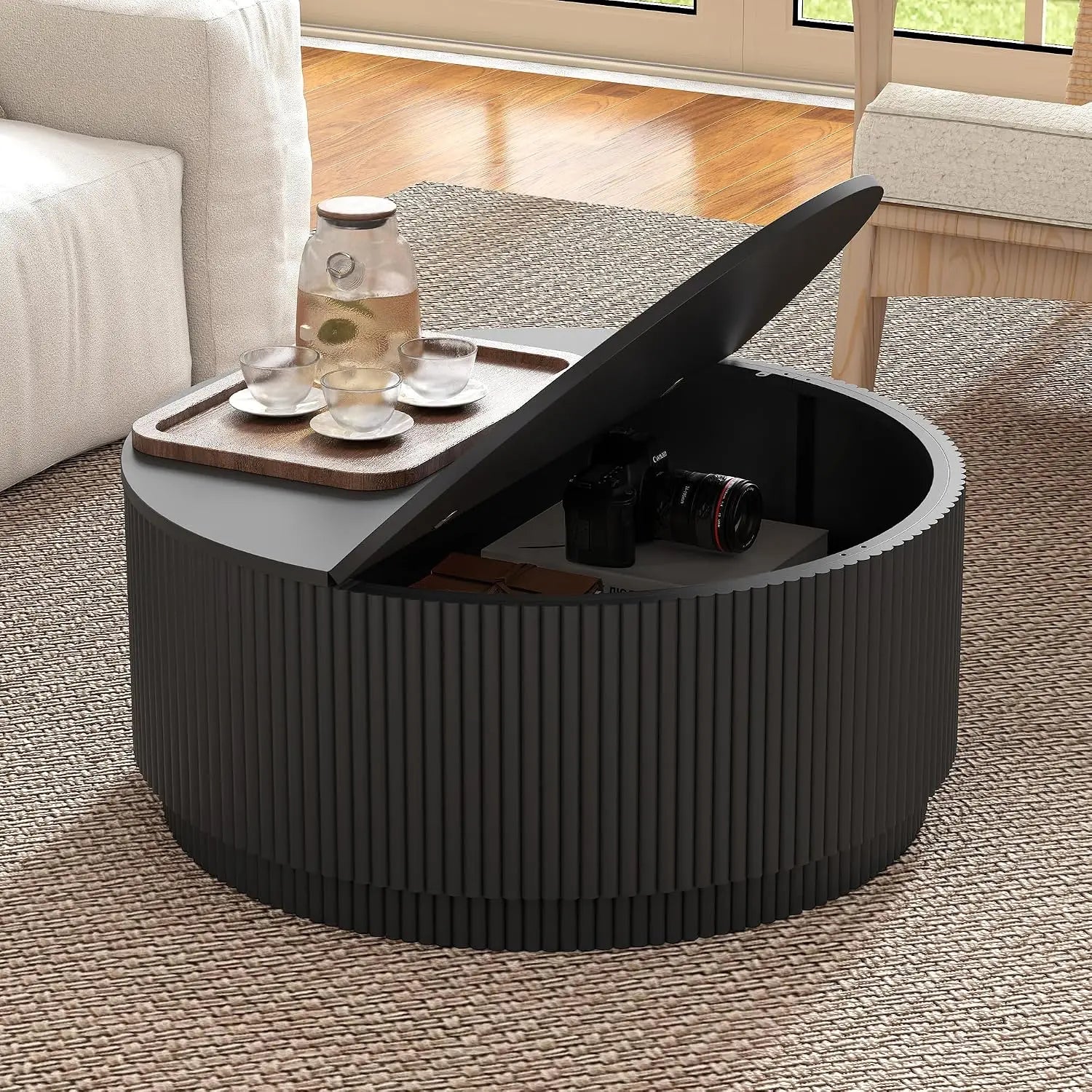 31.5" Modern Round Accent Coffee Table, Fluted Base, Wooden Center, Storage