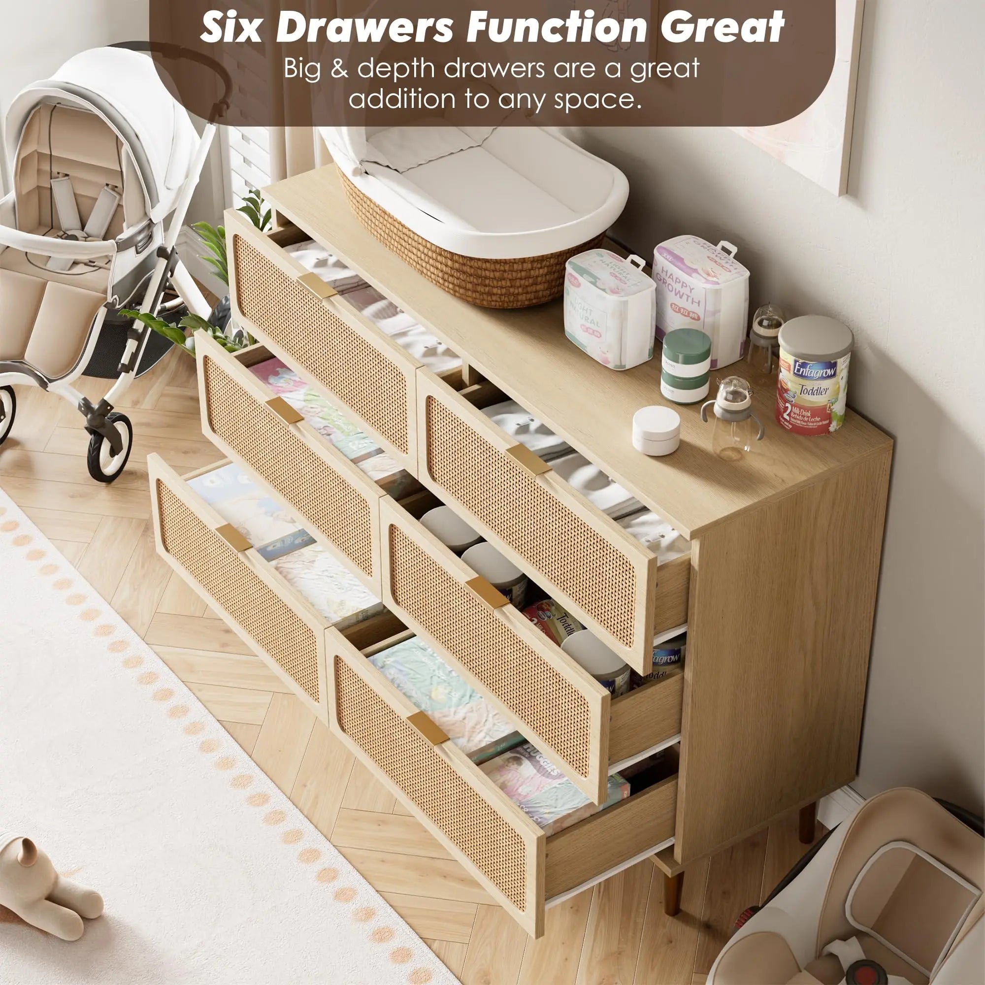 6-Drawer Hand Woven Rattan/Wood Dresser, Natural Deep Drawers