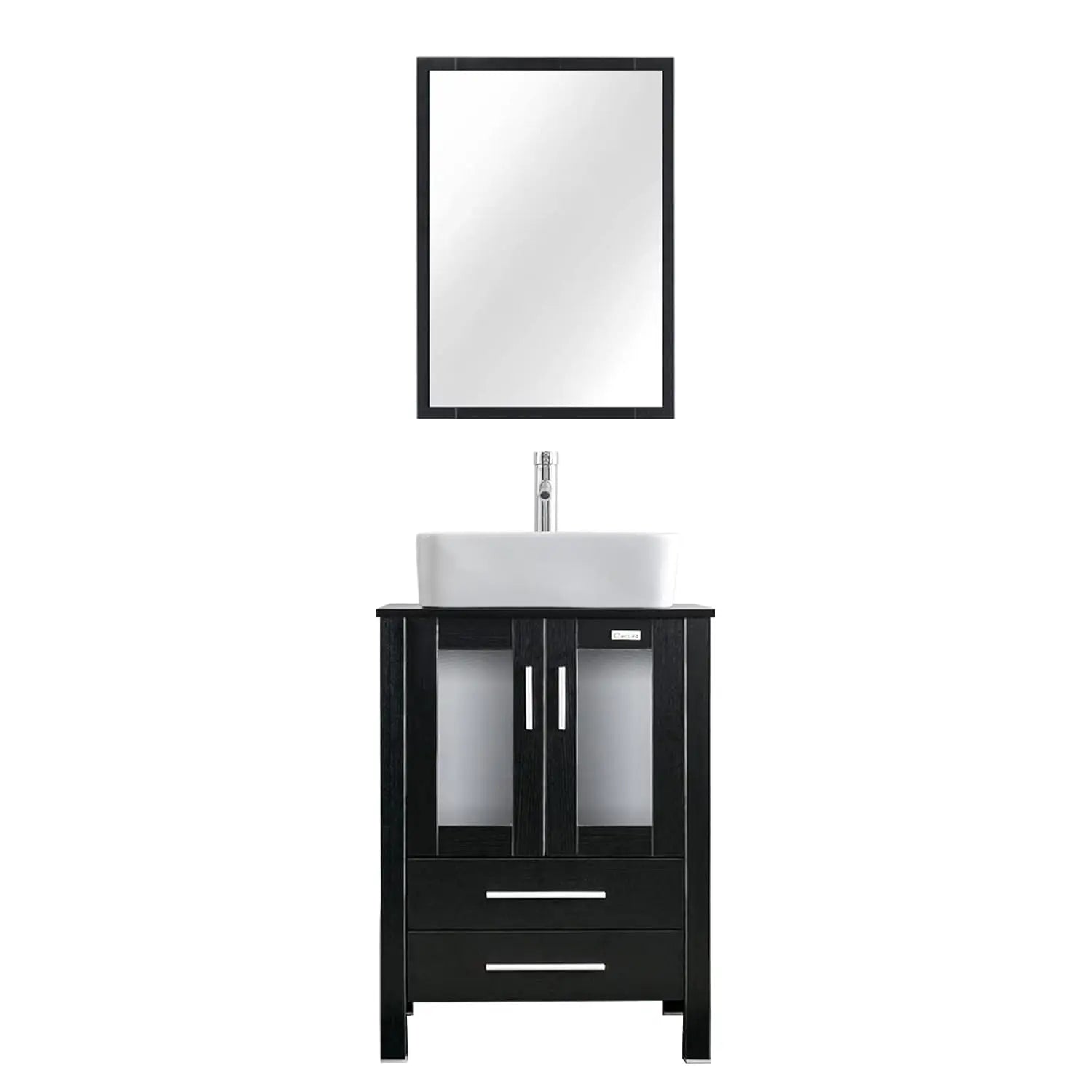 24" Vanity Blue Glass Vessel 2 Drawers Cabinet Soft Closing