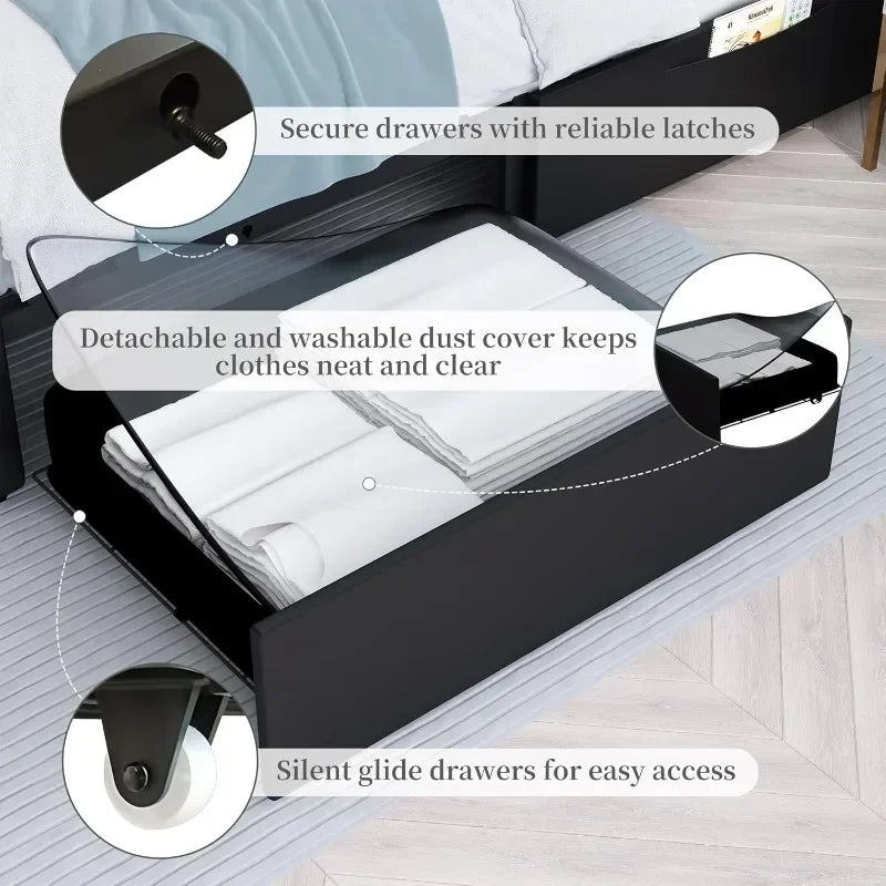 LED Platform Queen Size Bed Frame 2-Drawers Upholstered Design