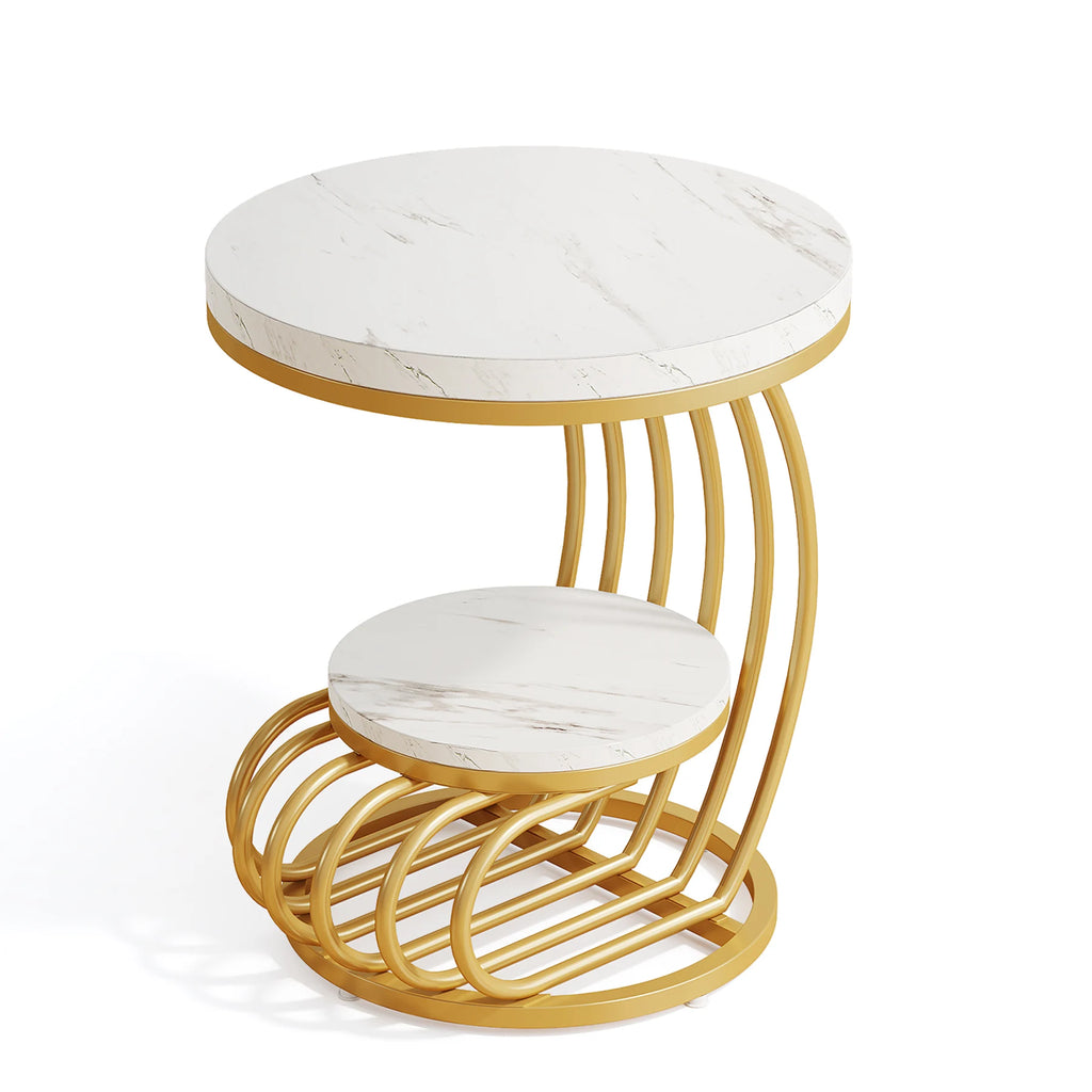 Gold Round End Table 2-Tier, Faux Marble, Storage Shelf