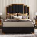 Velvet Bed Frame w/65.4” Tall Gold Trim Headboard, No Box Spring Needed