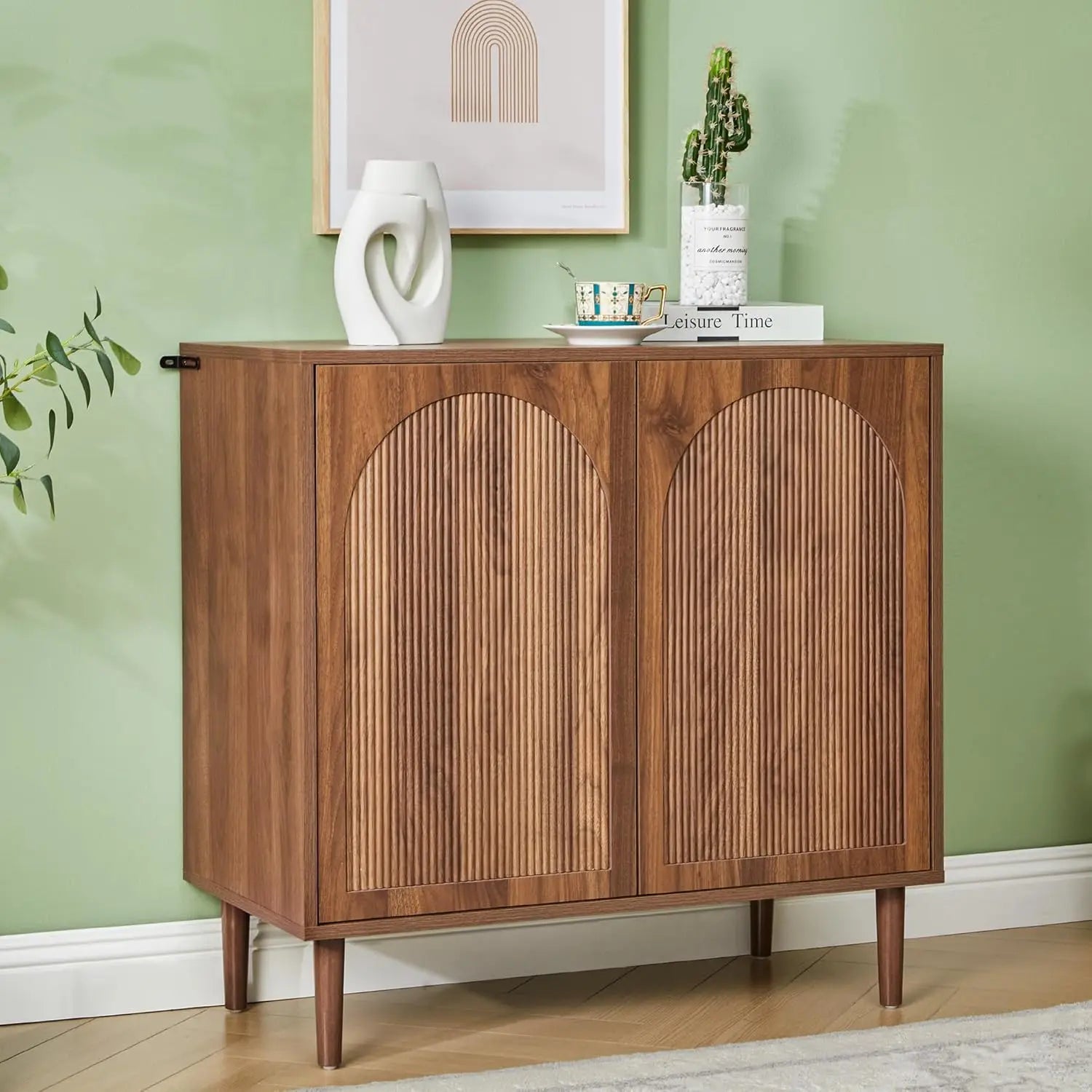 63" Fluted Buffet Cabinet Wood Arched Profile