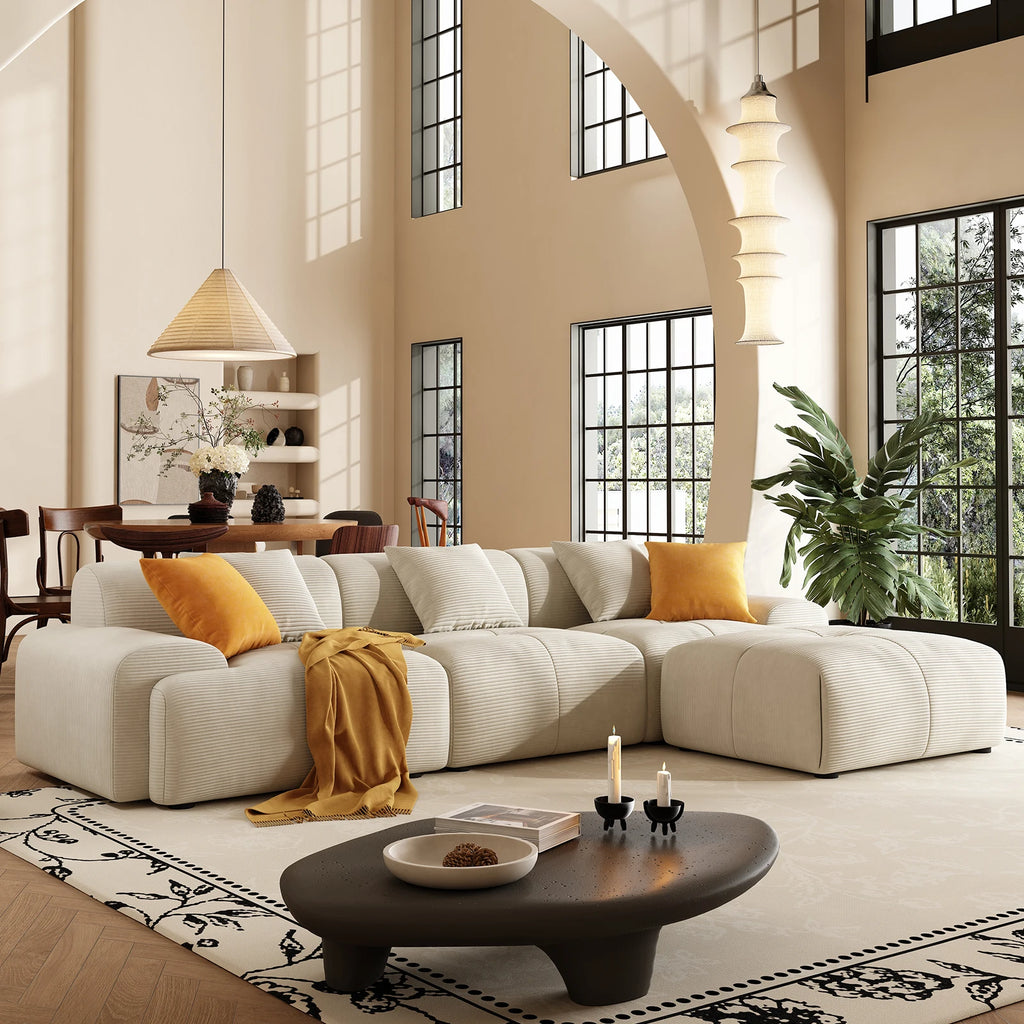 113" 3-Seat Cloud L-Shaped Sectional Sofa, Movable Ottoman, Corduroy Upholstery