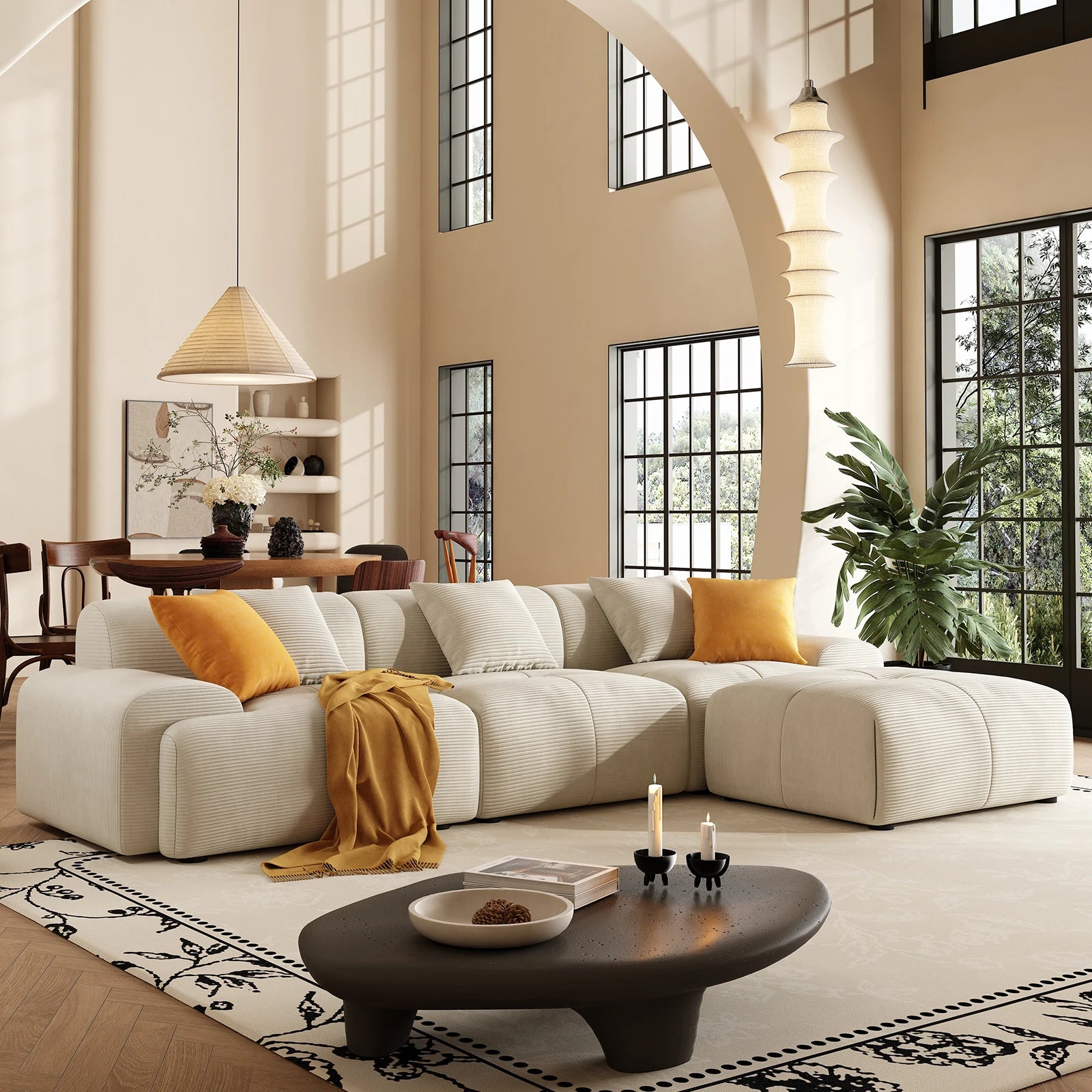 113" 3-Seat Cloud L-Shaped Sectional Sofa, Movable Ottoman, Corduroy Upholstery