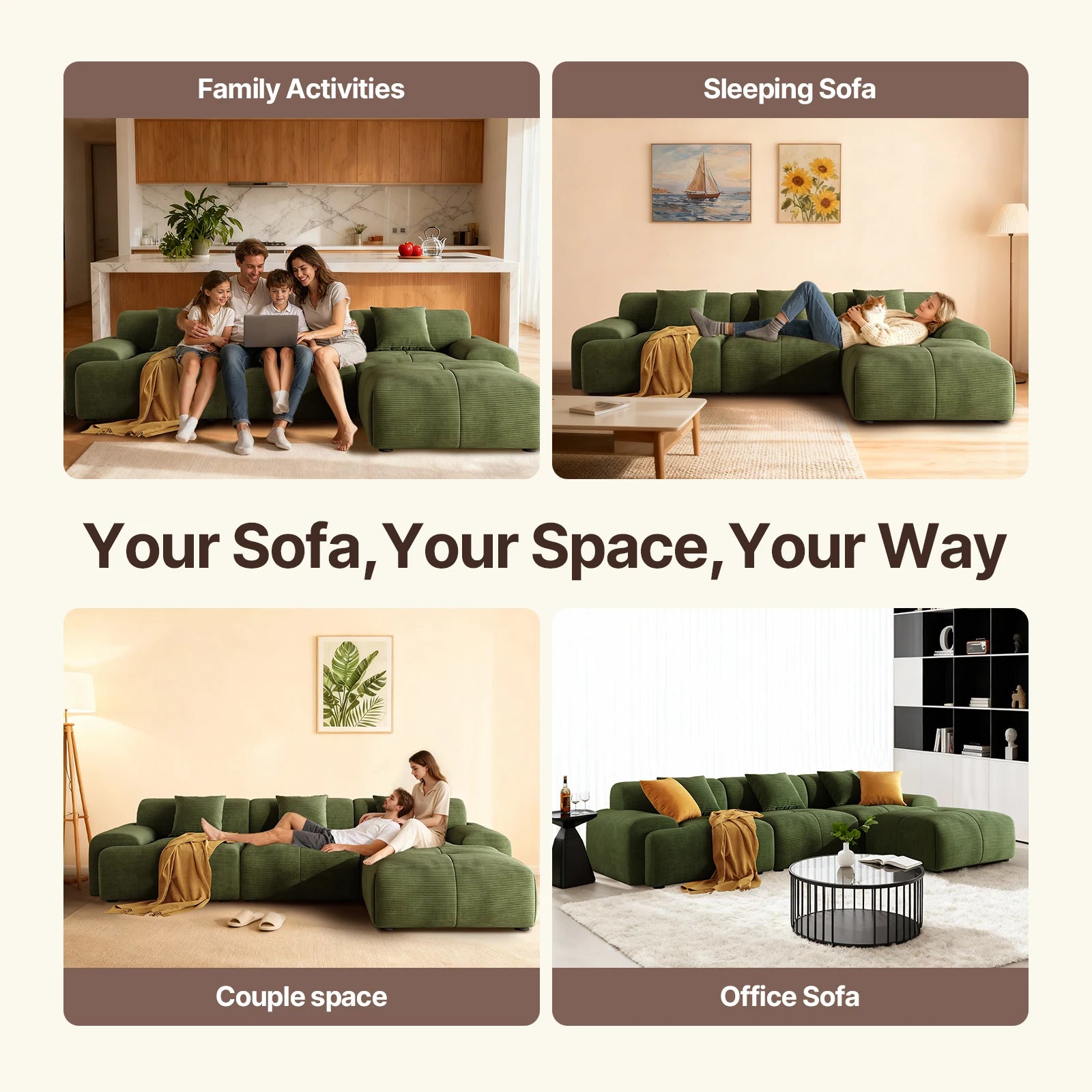 113" 3-Seat Cloud L-Shaped Sectional Sofa, Movable Ottoman, Corduroy Upholstery