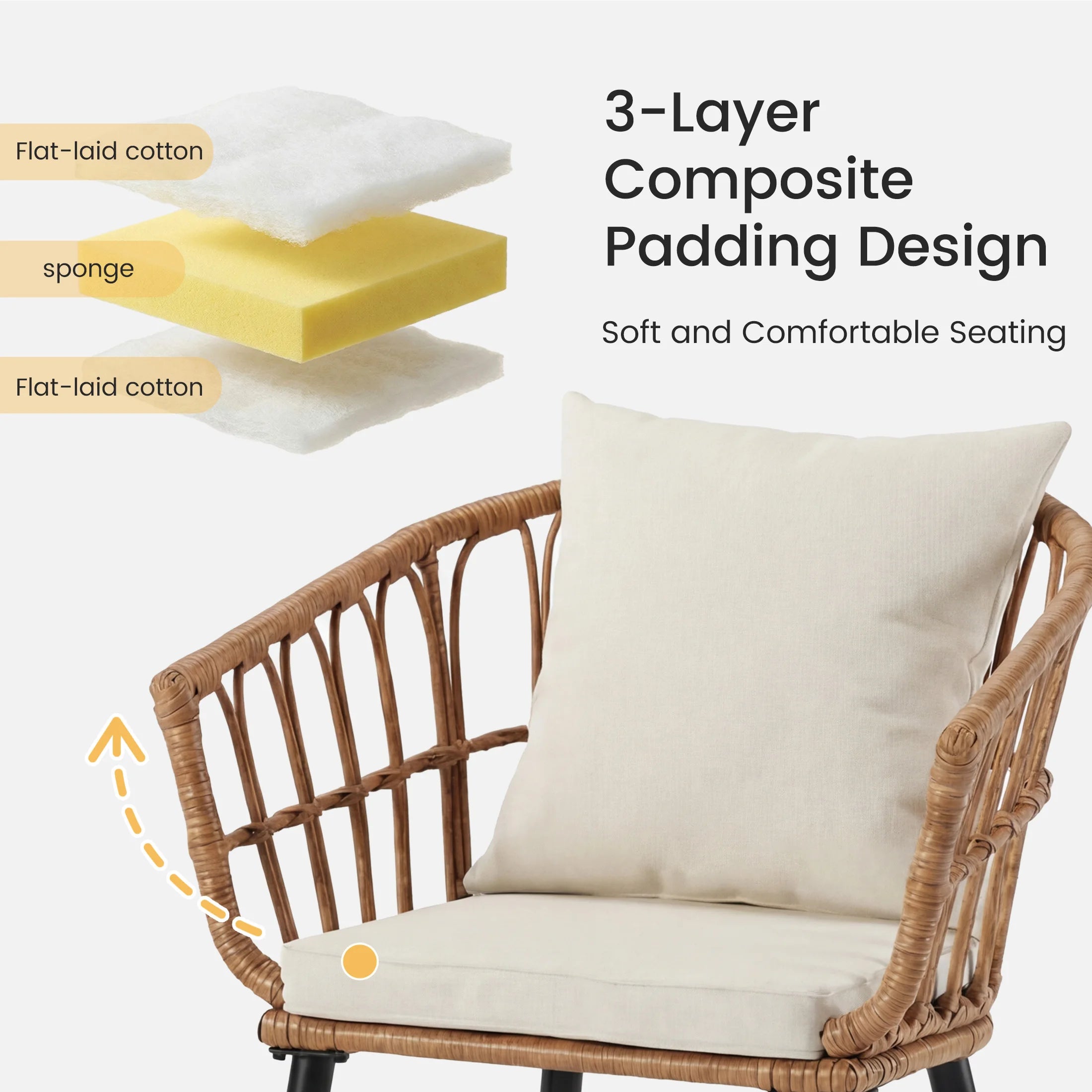 3 Pieces Wicker Set Soft Cushion Glass Steel Frame Table
