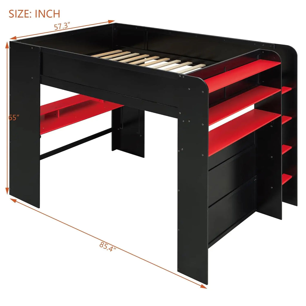 Full Size Wood Bunk Bed, Height-Adjustable Desk, Ample Wardrobe/Storage, RGB Light, Red