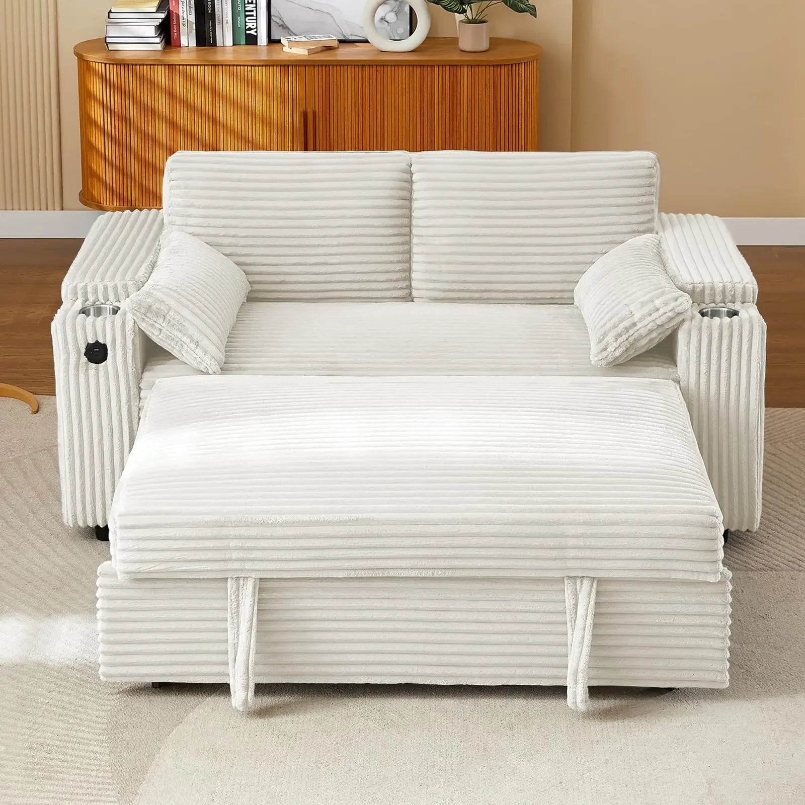 65'' 3-in-1 Folding, Pullout, Convertible Sofa Bed, 360° Swivel Side Table