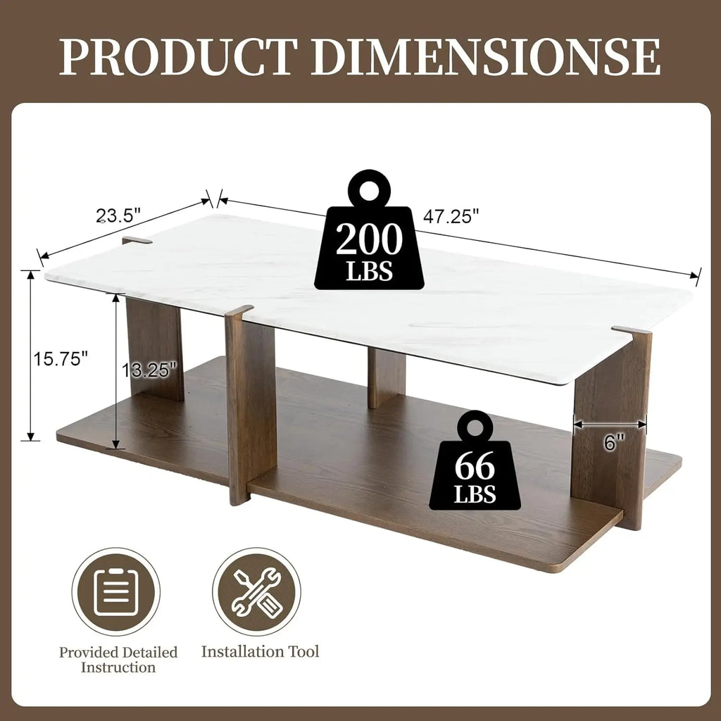 50" Open Frame Wood Display Coffee Table, Marble Top, Walnut.