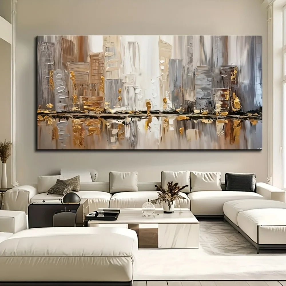 Art Deco -Large Abstract Oil Painting, 1.5" thick frame - neutral / gold accents.