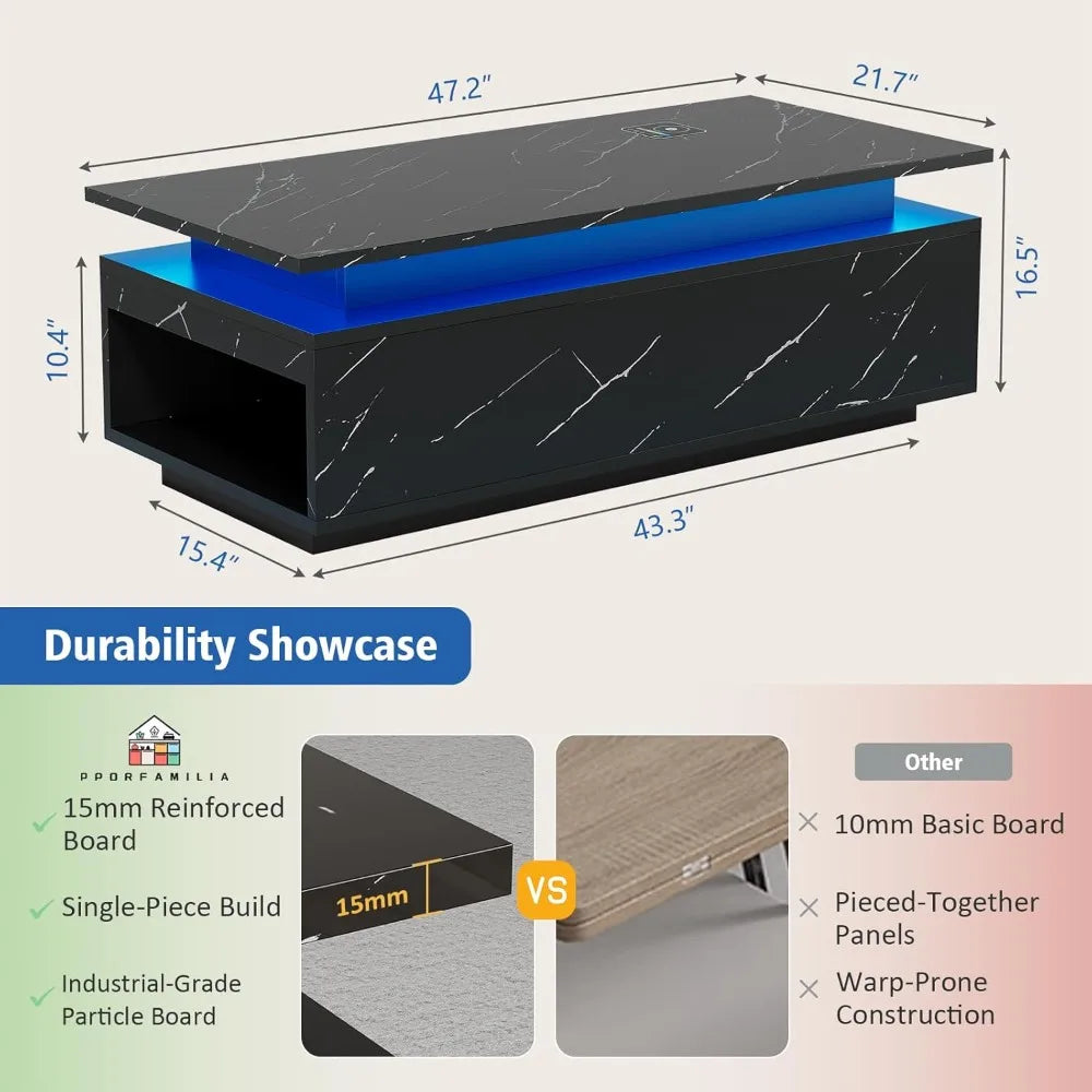 High Gloss Black Coffee Table LED, Storage, Wireless Charging, Speaker