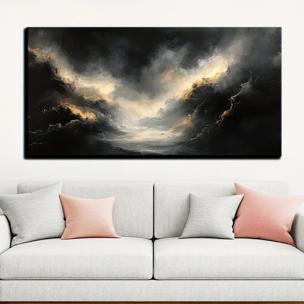 Abstract black gold oil painting, interior painting, 1.5IN thick pine frame