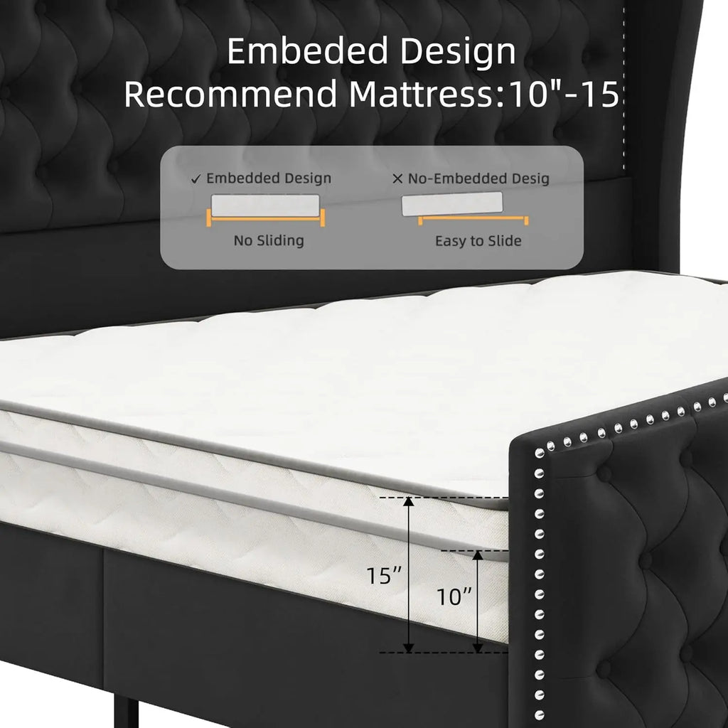 King Black Velvet Upholstered Platform Wingback Headboard Footboard Tufted Slats No Box Spring