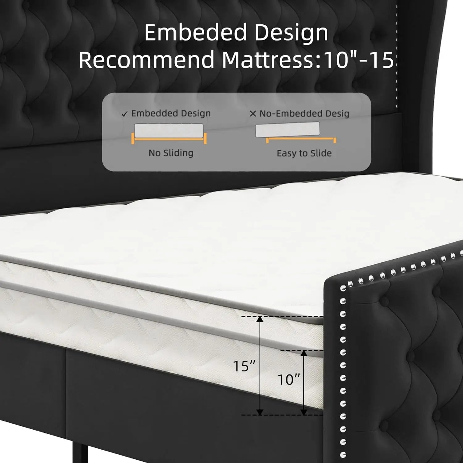 King Black Velvet Upholstered Platform Wingback Headboard Footboard Tufted Slats No Box Spring