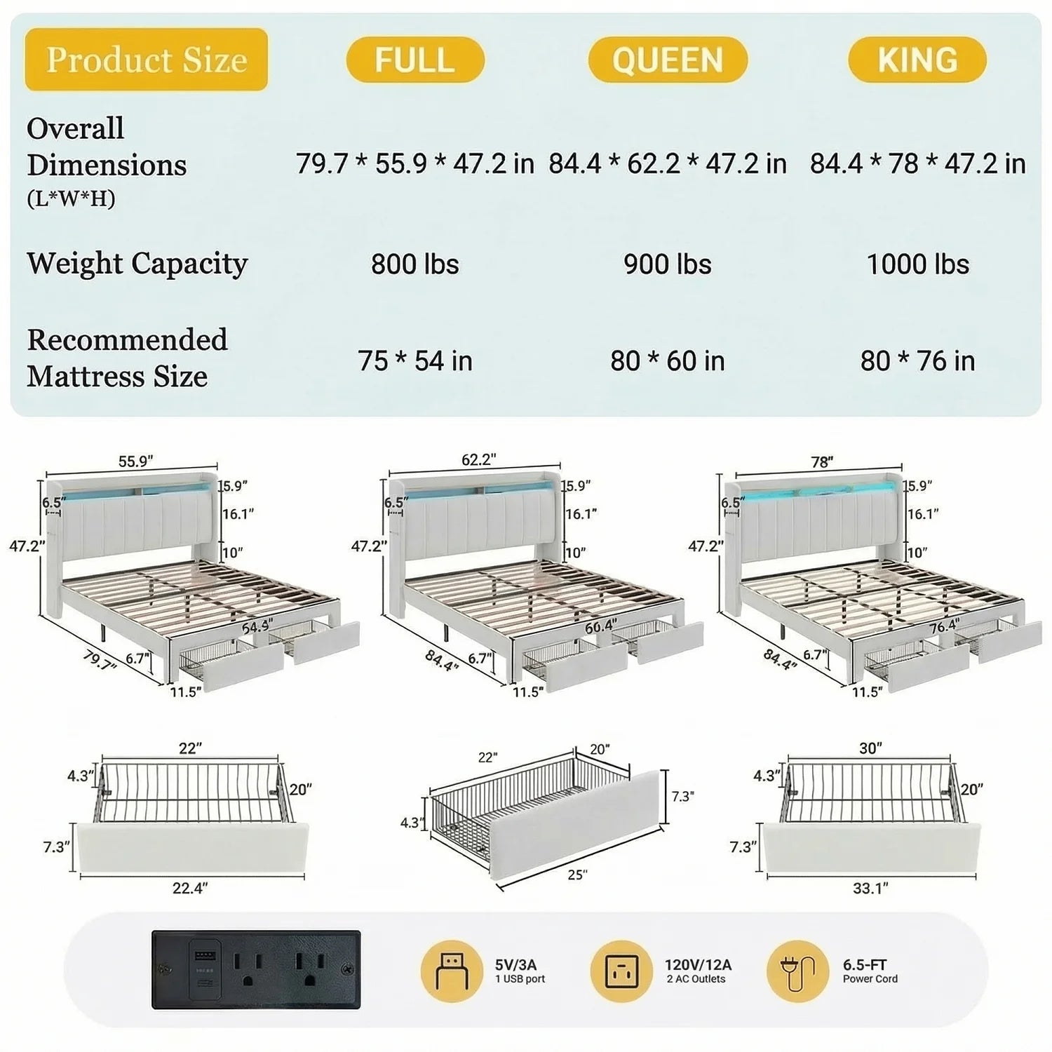Full/Queen/King Bed Frame, 2-Drawer/2-Tier Shelves LED Lights, Charging Station, No Box Spring