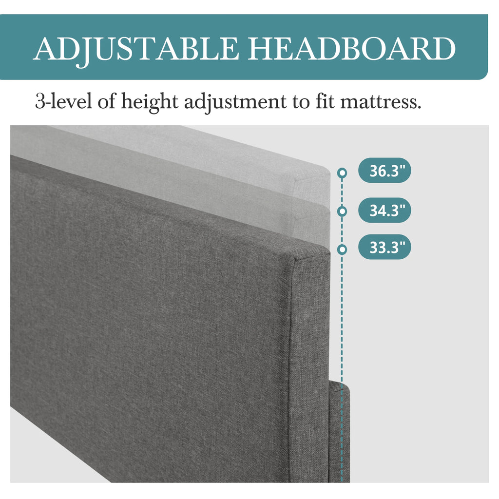 Upholstered Bed Frame, Adjustable Linen Headboard, Sturdy Wood Slats
