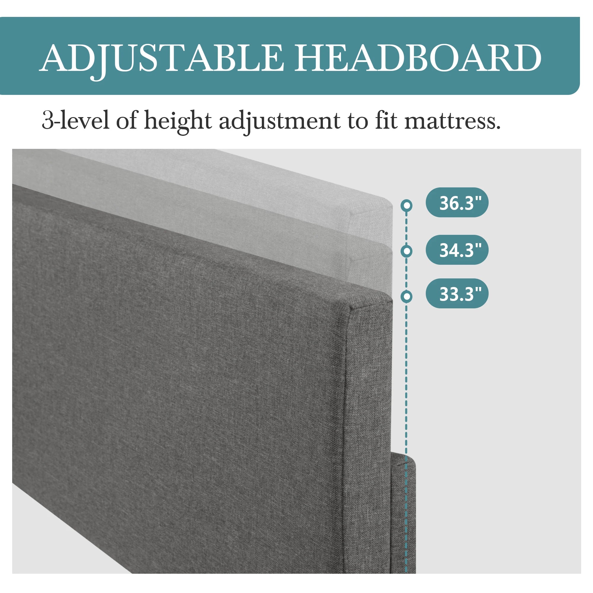 Upholstered Bed Frame, Adjustable Linen Headboard, Sturdy Wood Slats