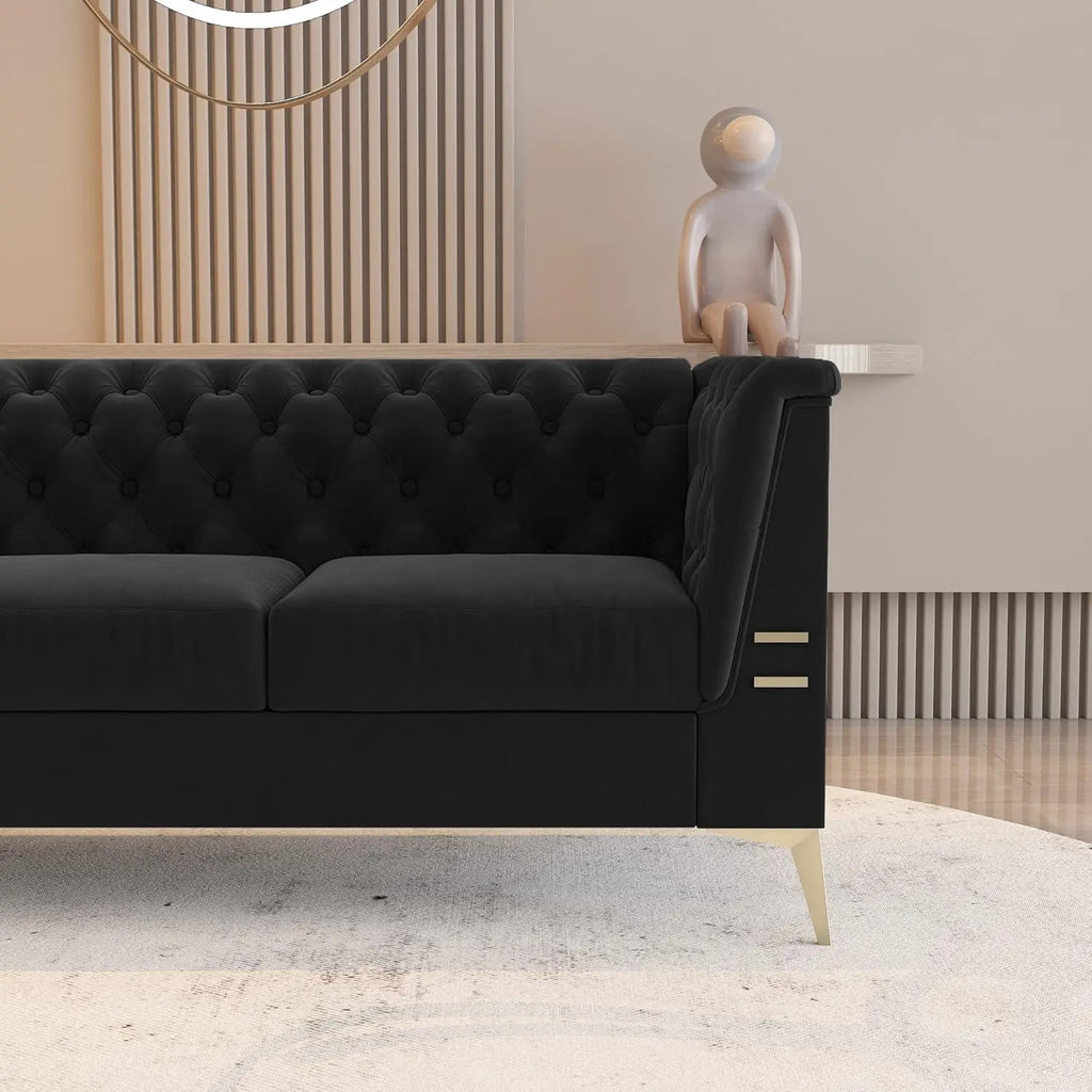 Velvet Chesterfield, Black 82" Sofa, Gold Metal Legs