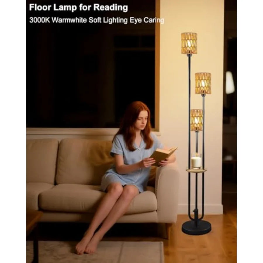 Dimmable Boho Floor Lamps, 3-Lights Rattan Floor Lamp w/Shelves, Black Stand
