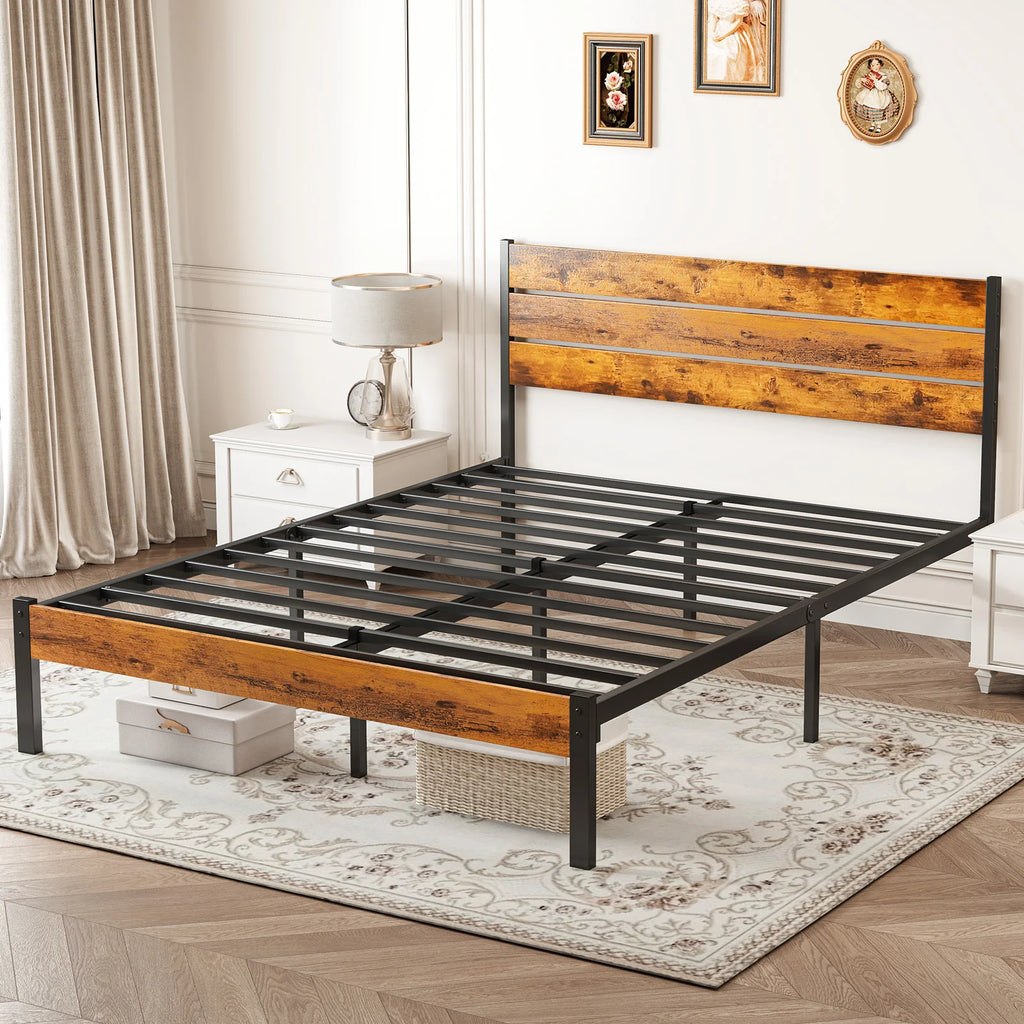 Wood Headboard Metal Platform No Box Spring 700LBS Sturdy Wood Slats