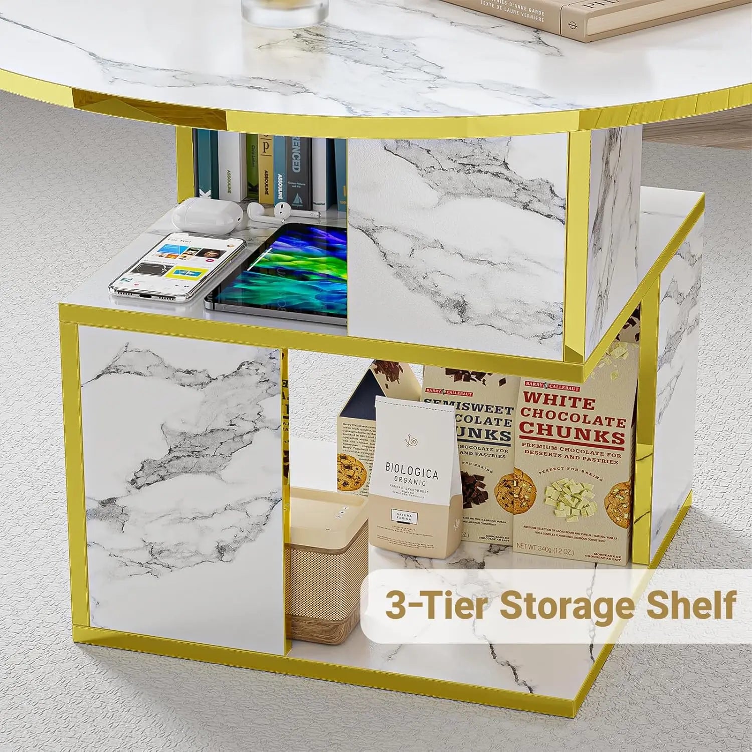 3-Tier Coffee Table, Storage, Wooden Tabletop-Marble White Gold Frame