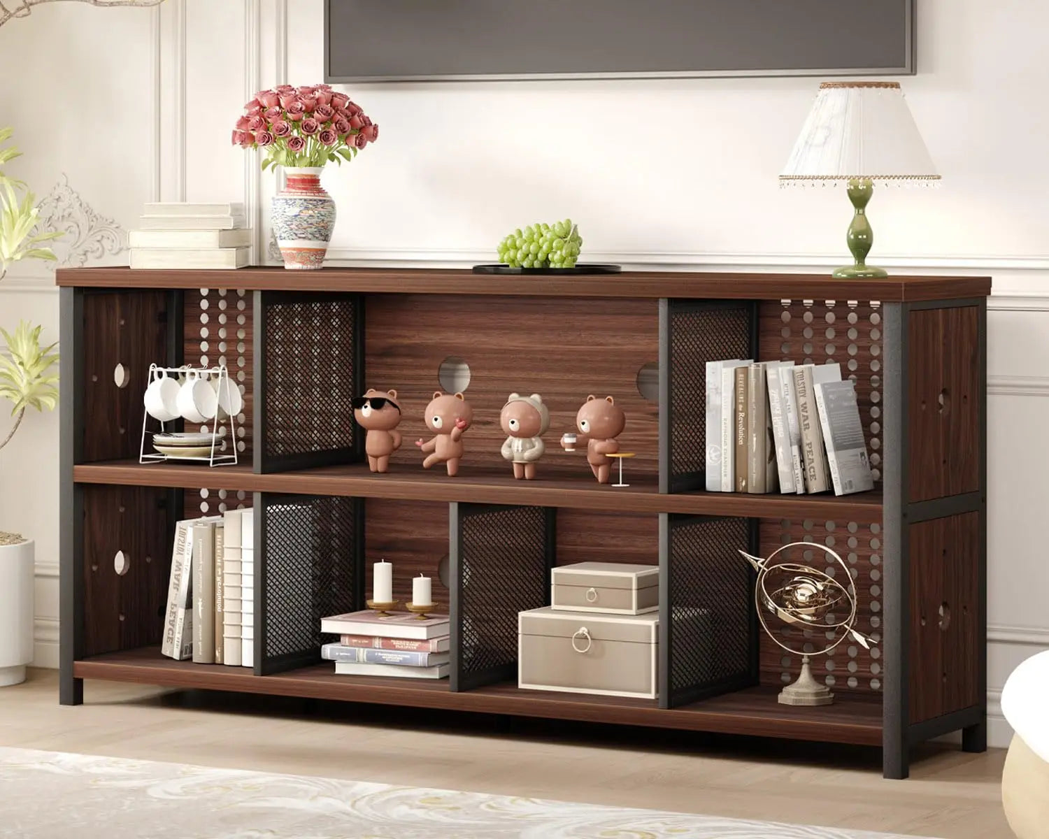 Rustic Horizontal Bookshelf, Industrial Large Wide Bookcase Cube Storage