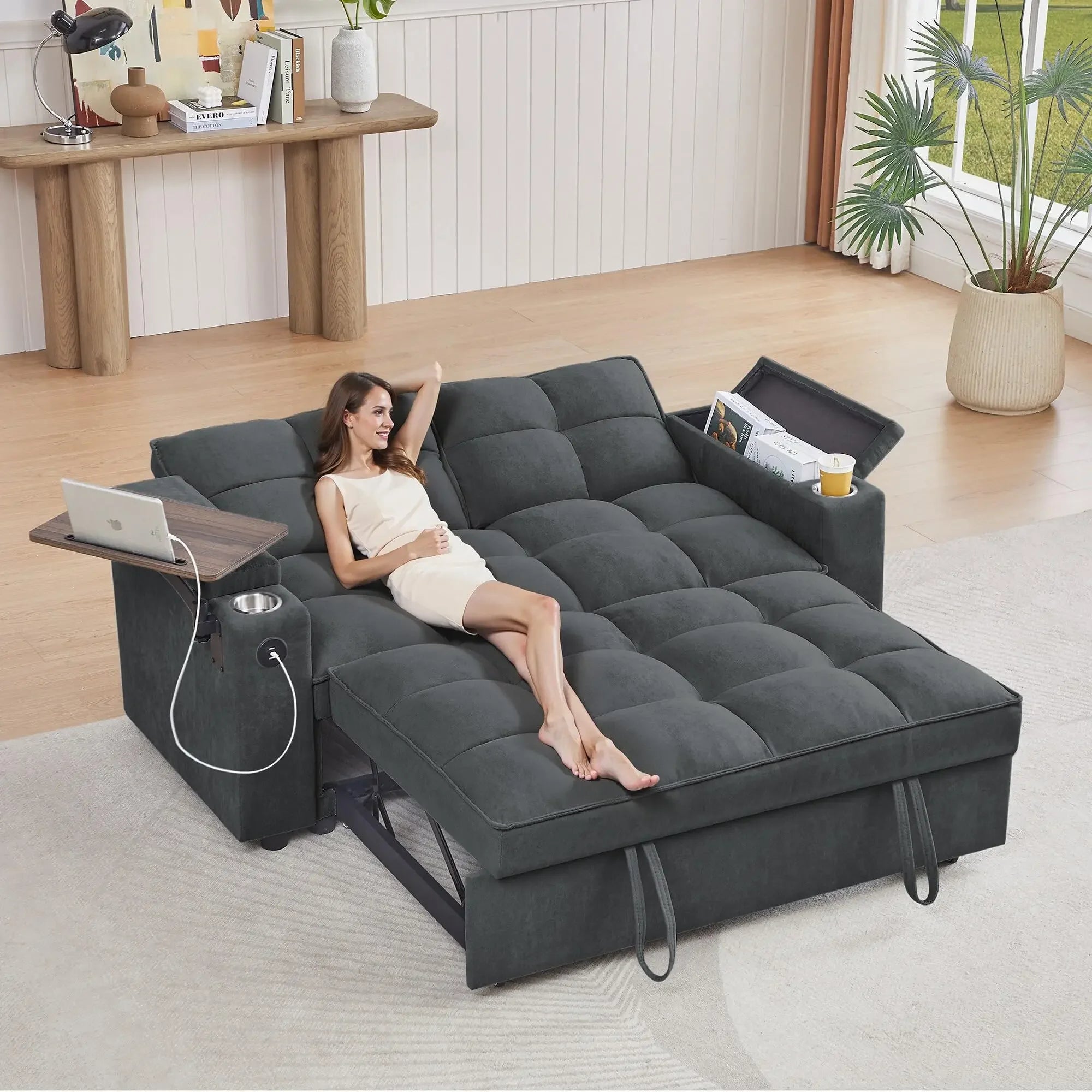 65'' 3-in-1 Folding, Pullout, Convertible Sofa Bed, 360° Swivel Side Table