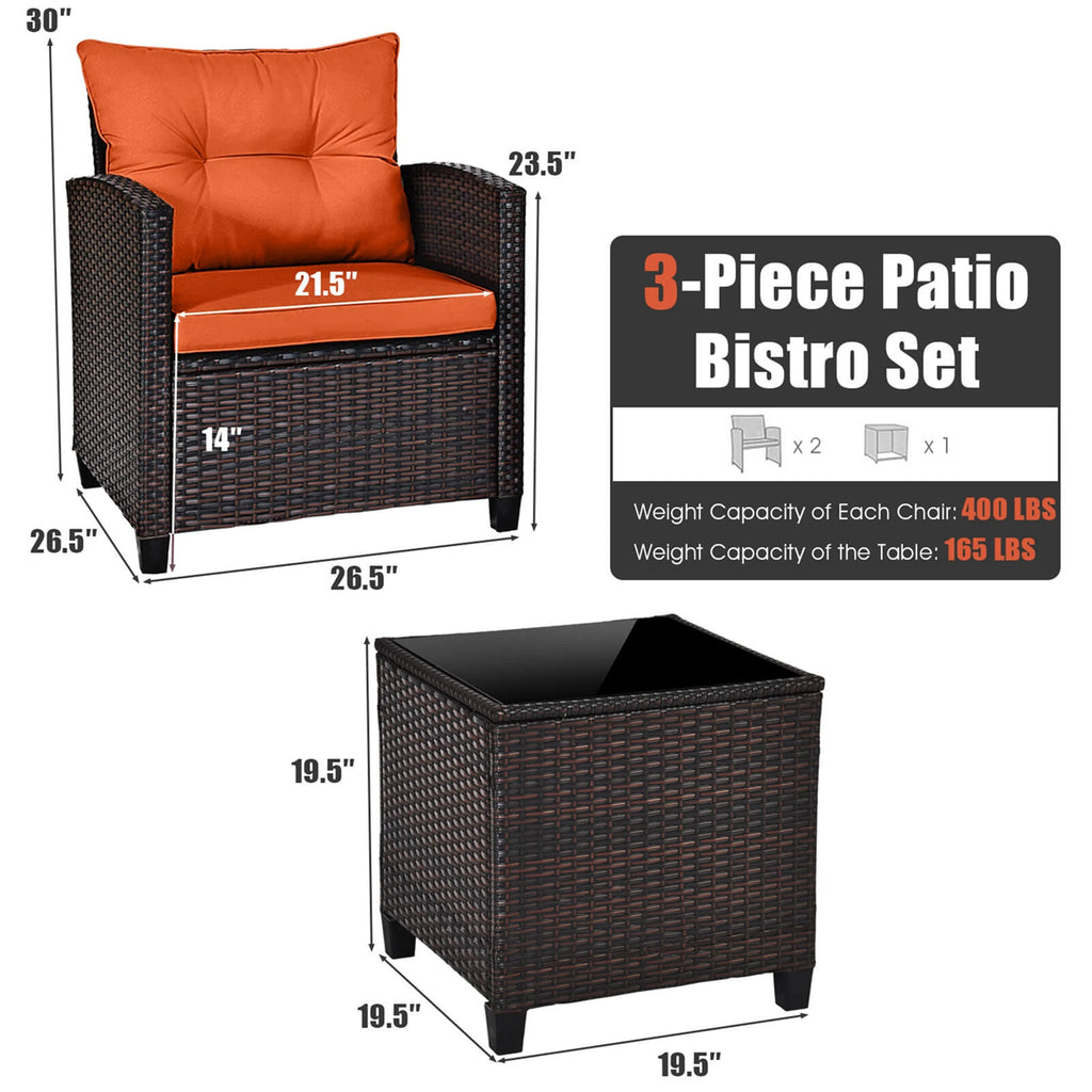 3-PC Patio Rattan Furniture Set Cushioned Conversation Set Sofa
