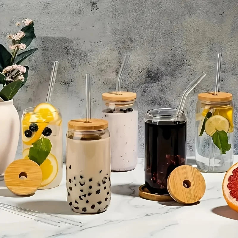 6pcs 18.6oz/550ml Drinking Glasses Bamboo Lids Glass Straw