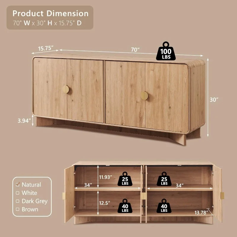 70" TV Stand for TVs Up to 80 inches, 30" Tall with Storage, Adjustable Shelves