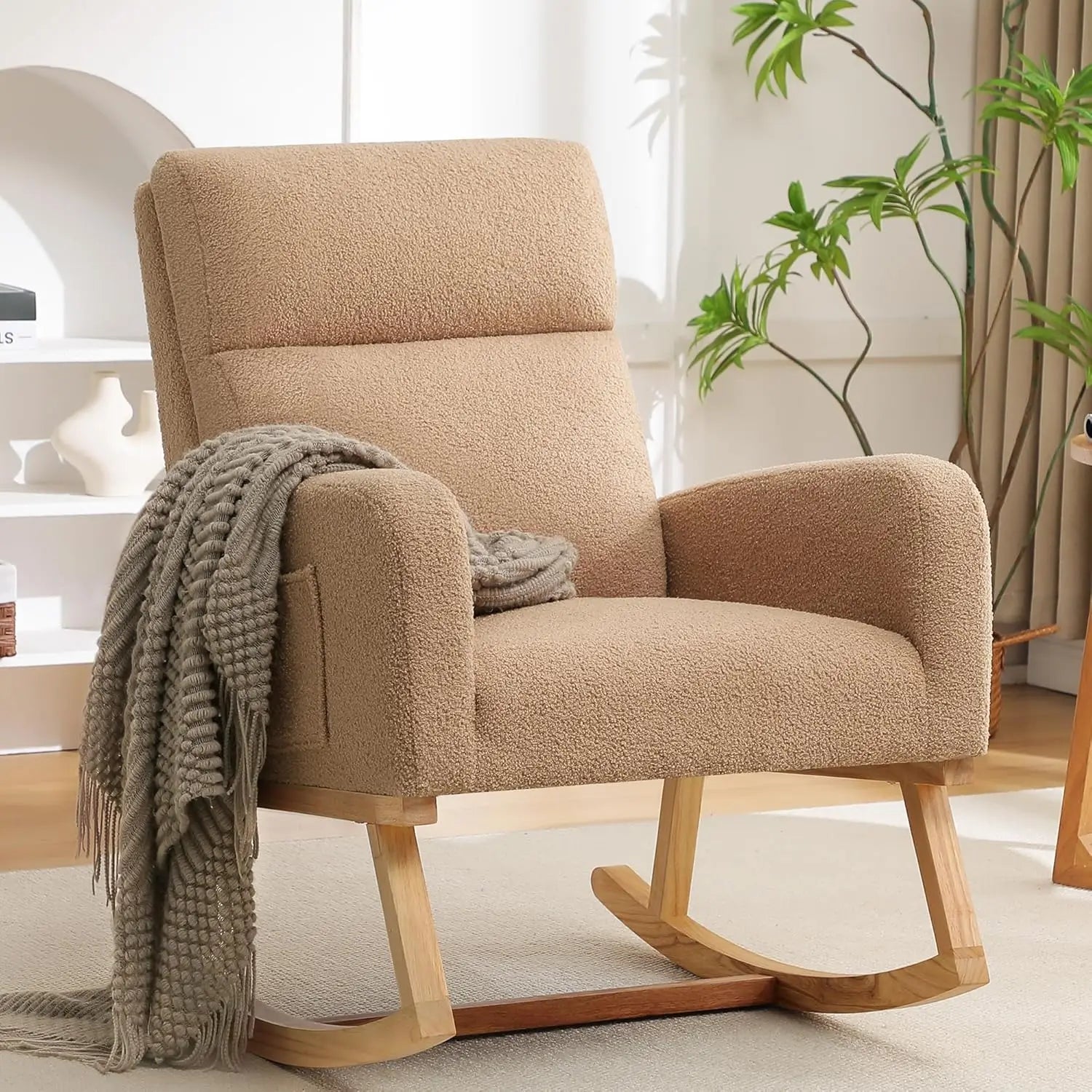 Rocking Chair, Sherpa Armchair with High Backrest